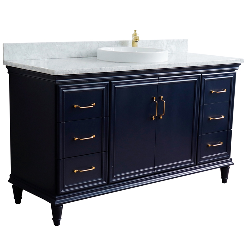 61 in. Single Wooden Vanity  Blue White Carrara Marble Round Sink