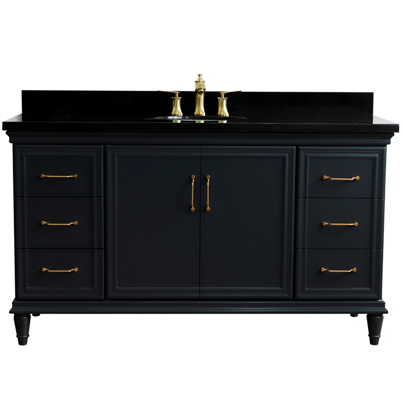 61 in. Single Wooden Vanity  Dark Gray Black Galaxy Granite Oval Sink
