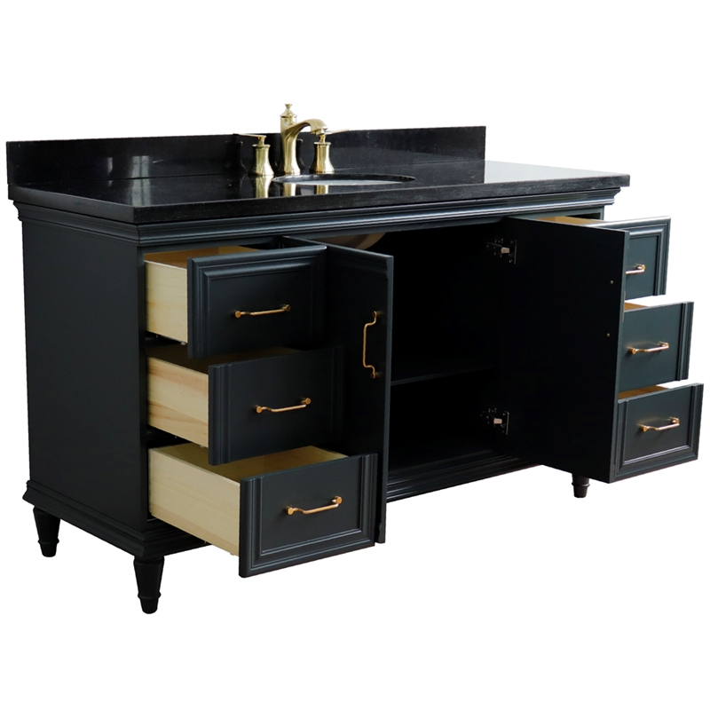 61 in. Single Wooden Vanity  Dark Gray Black Galaxy Granite Oval Sink