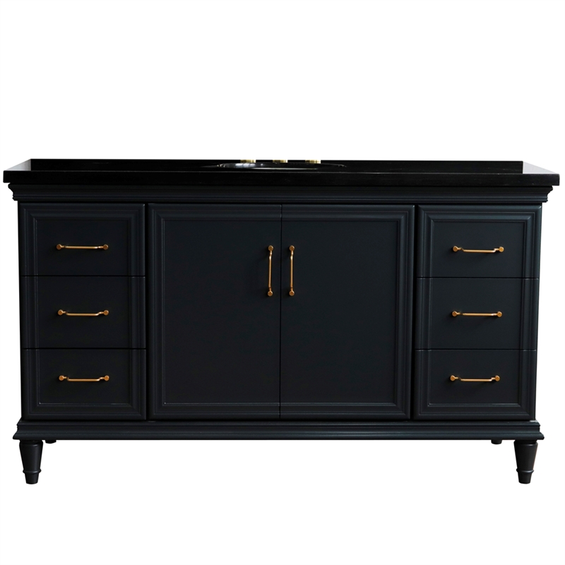 61 in. Single Wooden Vanity  Dark Gray Black Galaxy Granite Oval Sink
