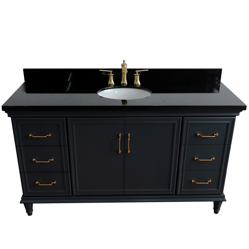 61 in. Single Wooden Vanity  Dark Gray Black Galaxy Granite Oval Sink