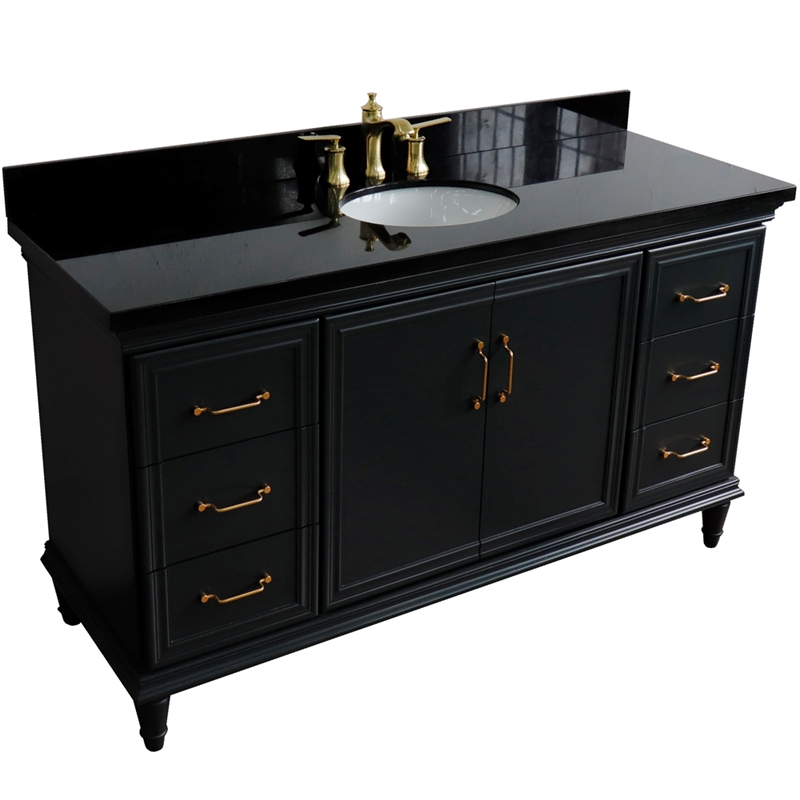 61 in. Single Wooden Vanity  Dark Gray Black Galaxy Granite Oval Sink