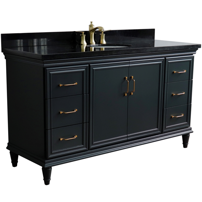 61 in. Single Wooden Vanity  Dark Gray Black Galaxy Granite Oval Sink