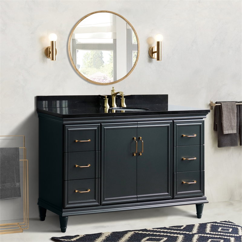 61 in. Single Wooden Vanity  Dark Gray Black Galaxy Granite Oval Sink