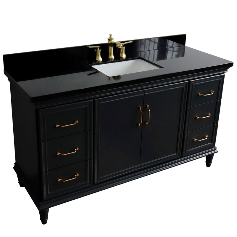61 in. Single Wooden Vanity  Dark Gray Black Galaxy Granite Rectangle Sink