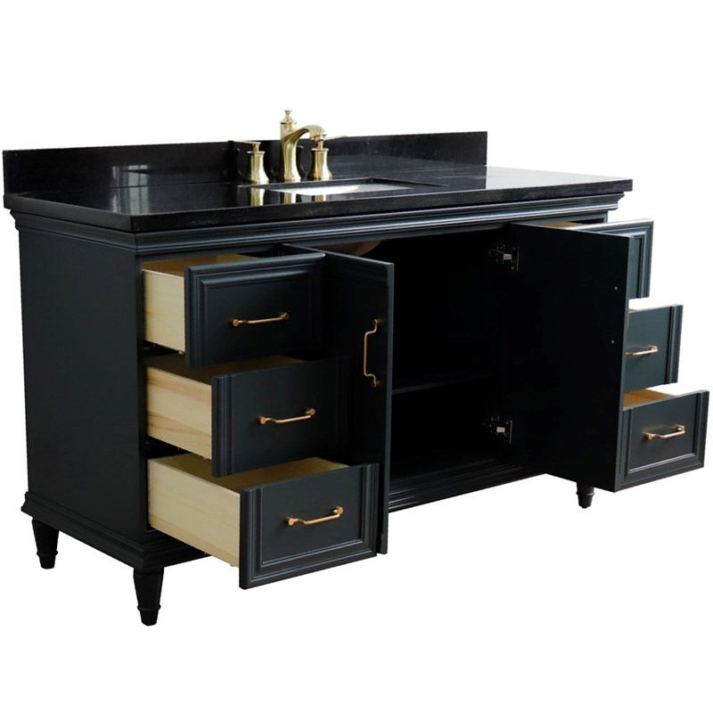 61 in. Single Wooden Vanity  Dark Gray Black Galaxy Granite Rectangle Sink