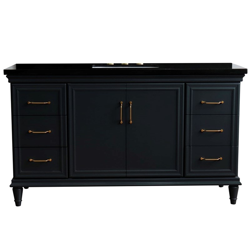 61 in. Single Wooden Vanity  Dark Gray Black Galaxy Granite Rectangle Sink
