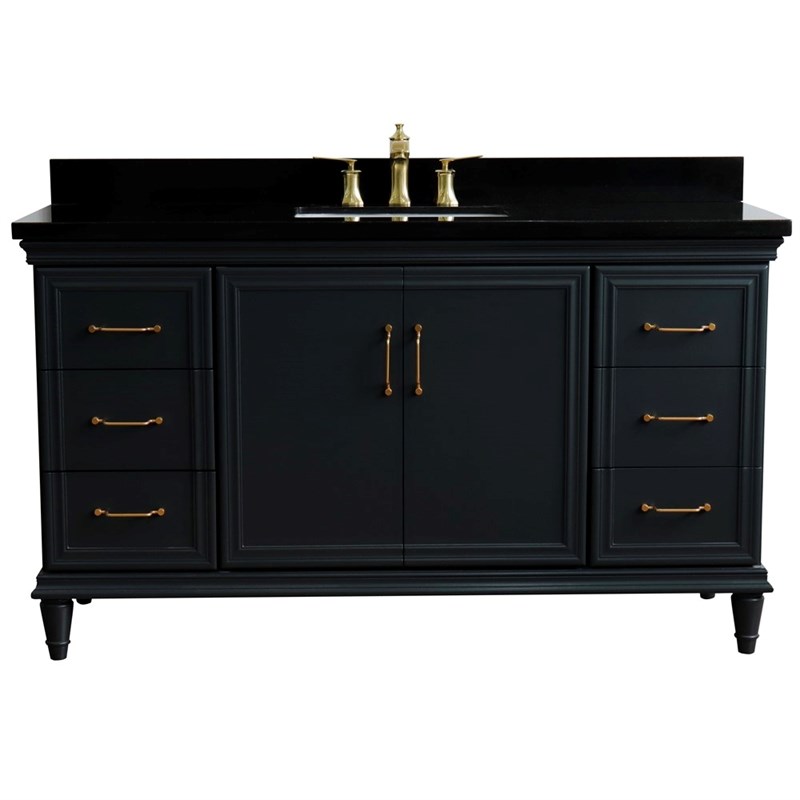 61 in. Single Wooden Vanity  Dark Gray Black Galaxy Granite Rectangle Sink