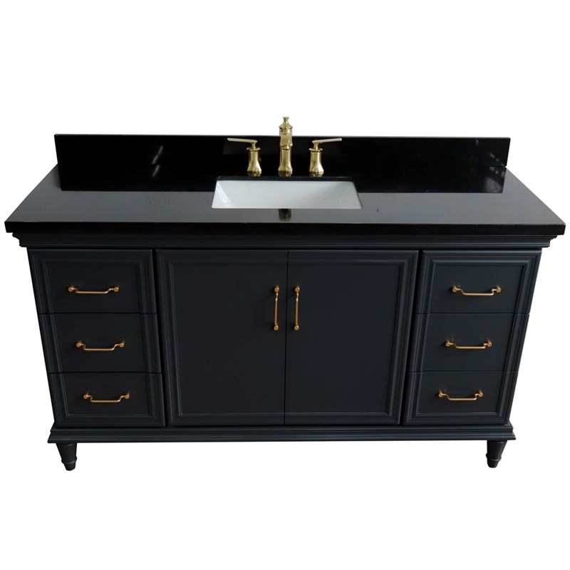 61 in. Single Wooden Vanity  Dark Gray Black Galaxy Granite Rectangle Sink