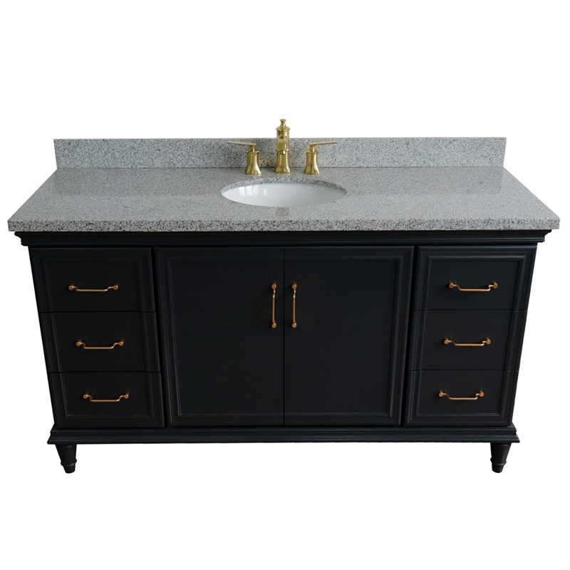 61 in. Single Wooden Vanity  Dark Gray Gray Granite Oval Sink