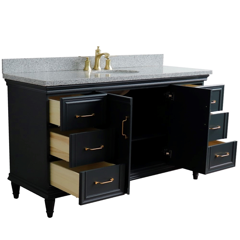 61 in. Single Wooden Vanity  Dark Gray Gray Granite Oval Sink