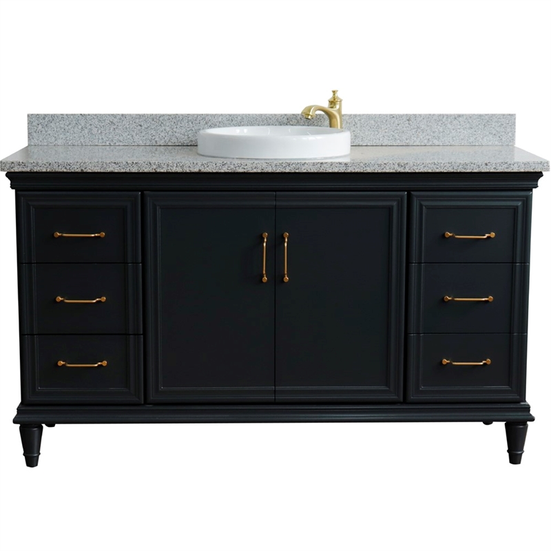 61 in. Single Wooden Vanity  Dark Gray Gray Granite Rectangle Sink