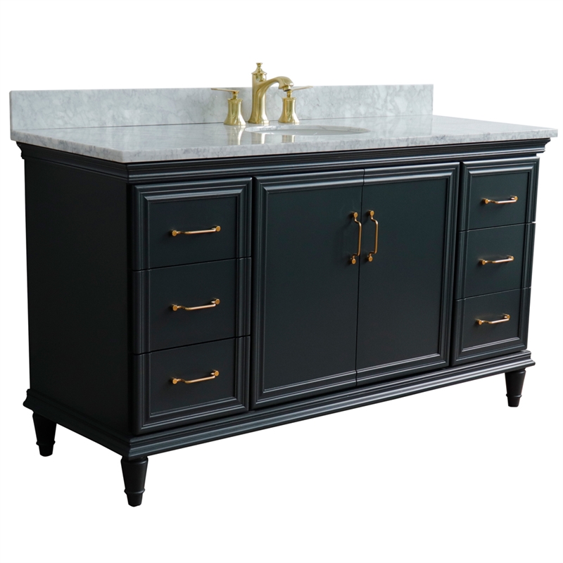 61 in. Single Wooden Vanity  Dark Gray White Carrara Marble Oval Sink