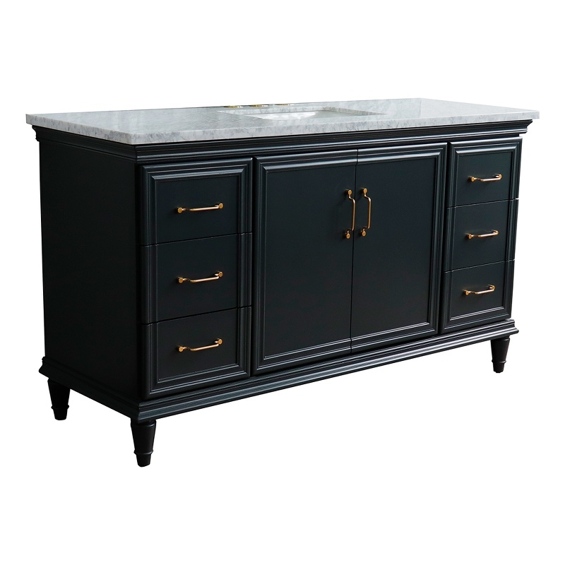 61 in. Single Wooden Vanity  Dark Gray White Carrara Marble Rectangle Sink
