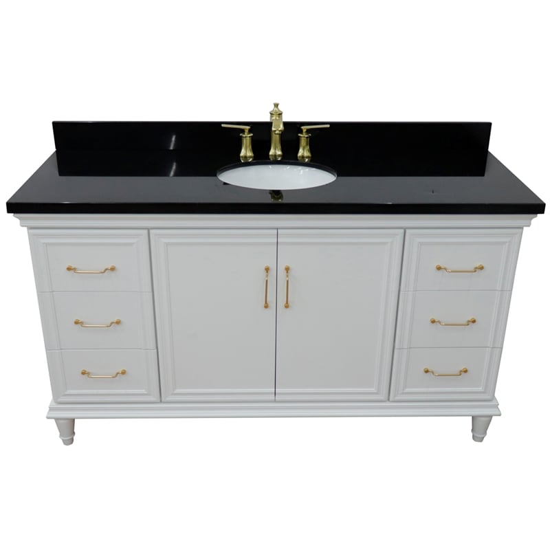 61 in. Single Wooden Vanity  White with Black Galaxy Oval Sink