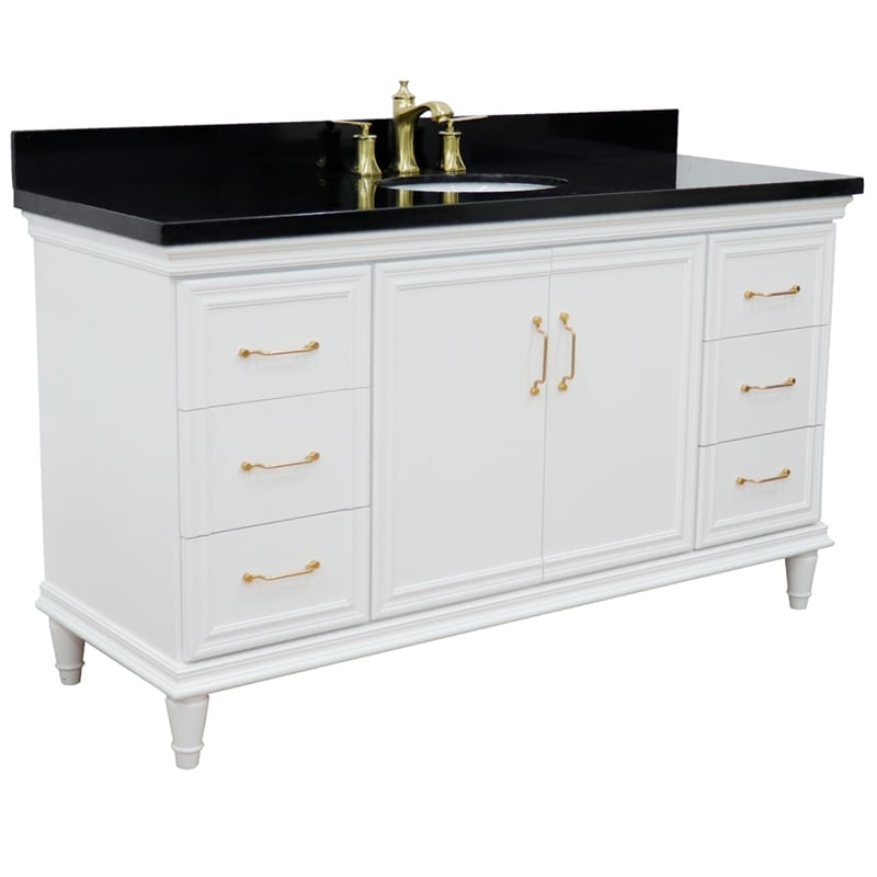 61 in. Single Wooden Vanity  White with Black Galaxy Oval Sink