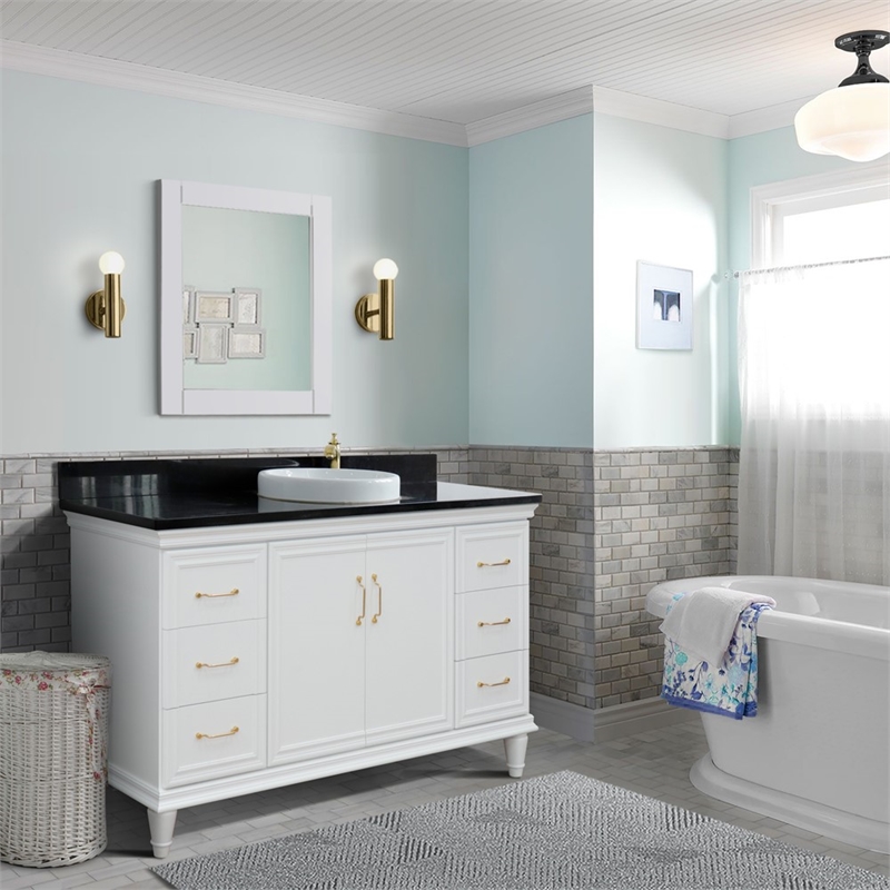 61 in. Single Wooden Vanity  White with Black Galaxy Round Sink