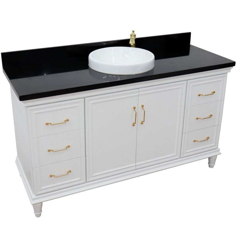 61 in. Single Wooden Vanity  White with Black Galaxy Round Sink