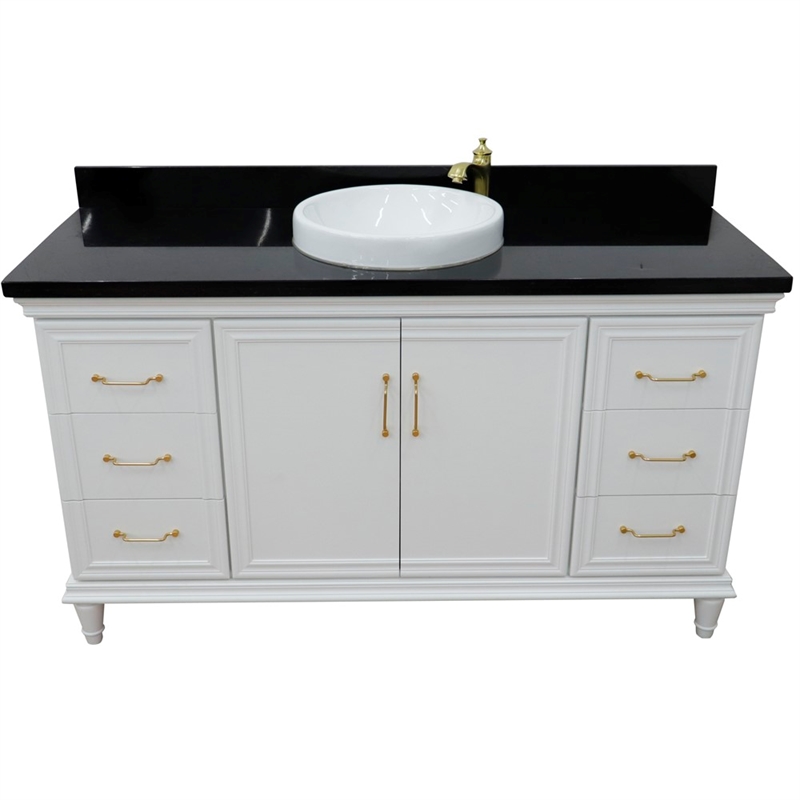 61 in. Single Wooden Vanity  White with Black Galaxy Round Sink