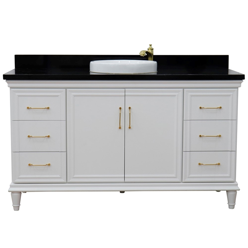 61 in. Single Wooden Vanity  White with Black Galaxy Round Sink