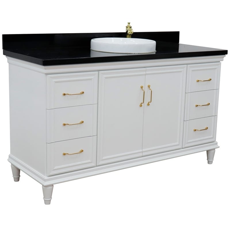 61 in. Single Wooden Vanity  White with Black Galaxy Round Sink