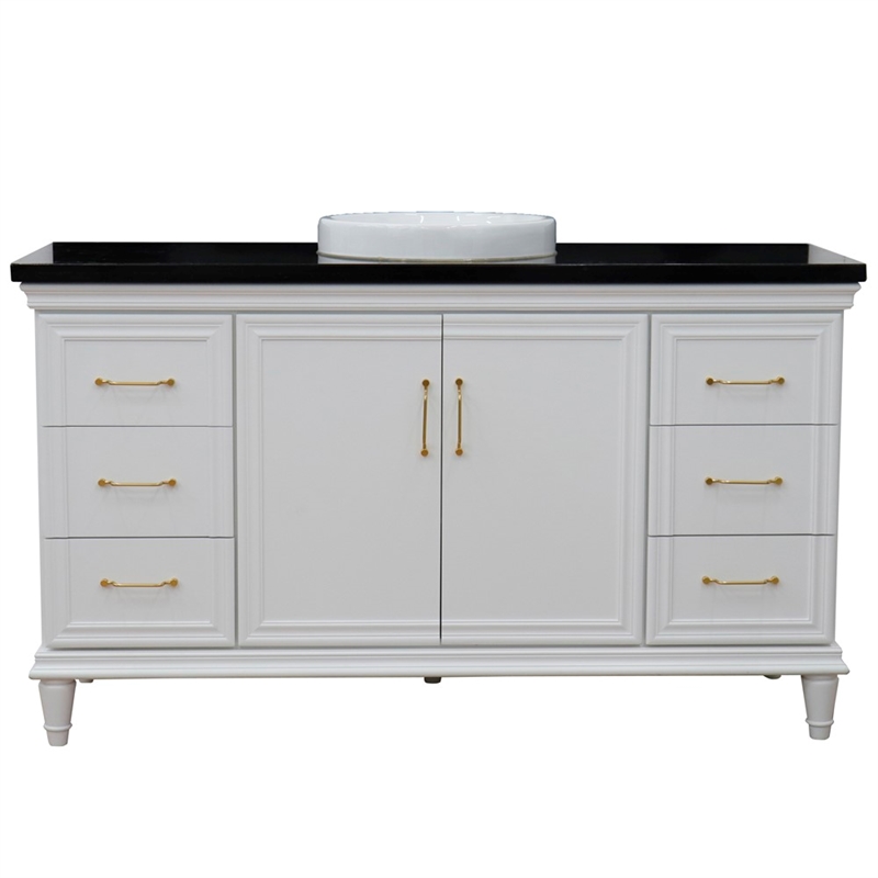 61 in. Single Wooden Vanity  White with Black Galaxy Round Sink