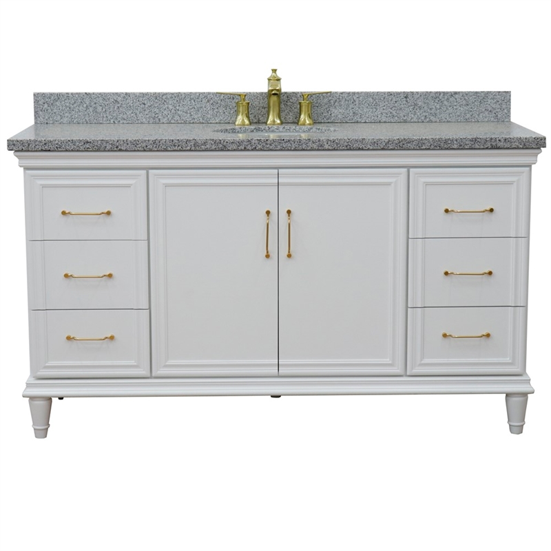 61 in. Single Wooden Vanity  White with Gray Granite Oval Sink
