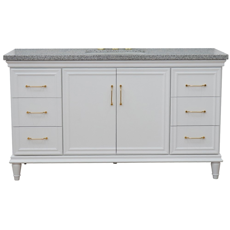 61 in. Single Wooden Vanity  White with Gray Granite Rectangle Sink