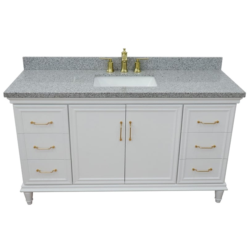 61 in. Single Wooden Vanity  White with Gray Granite Rectangle Sink