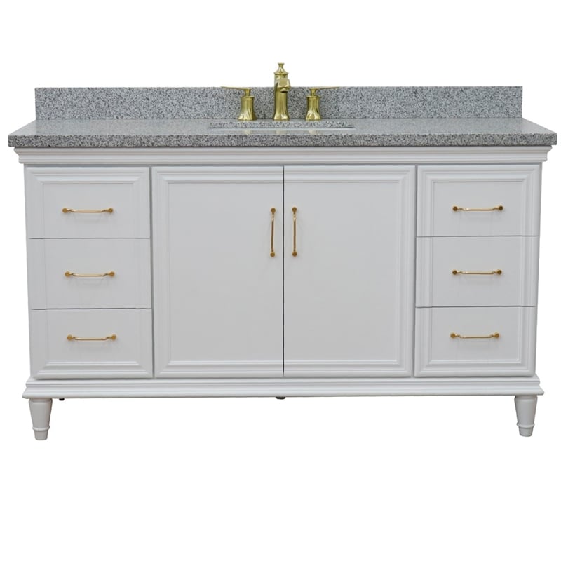 61 in. Single Wooden Vanity  White with Gray Granite Rectangle Sink