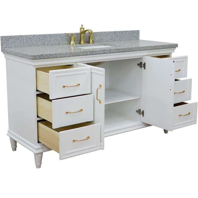 61 in. Single Wooden Vanity  White with Gray Granite Rectangle Sink