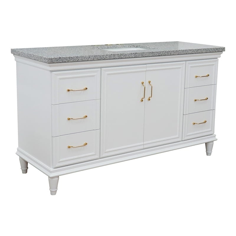 61 in. Single Wooden Vanity  White with Gray Granite Rectangle Sink