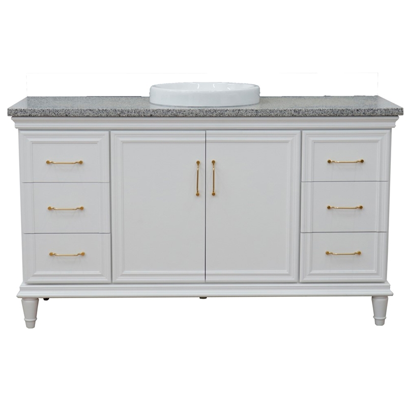 61 in. Single Wooden Vanity  White with Gray Granite Round Sink