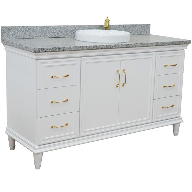 61 in. Single Wooden Vanity  White with Gray Granite Round Sink