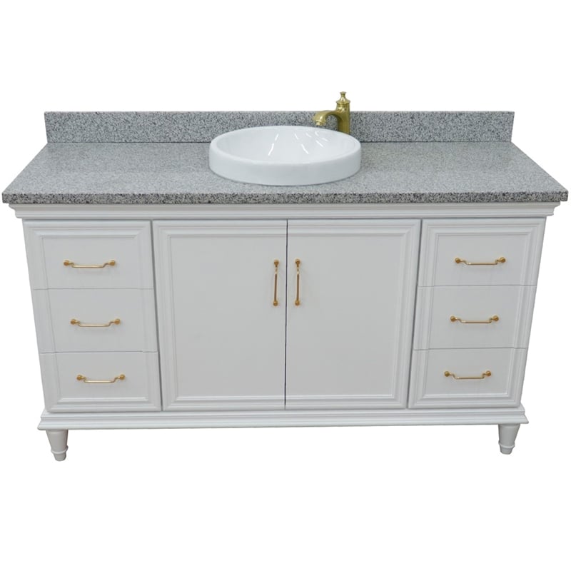 61 in. Single Wooden Vanity  White with Gray Granite Round Sink
