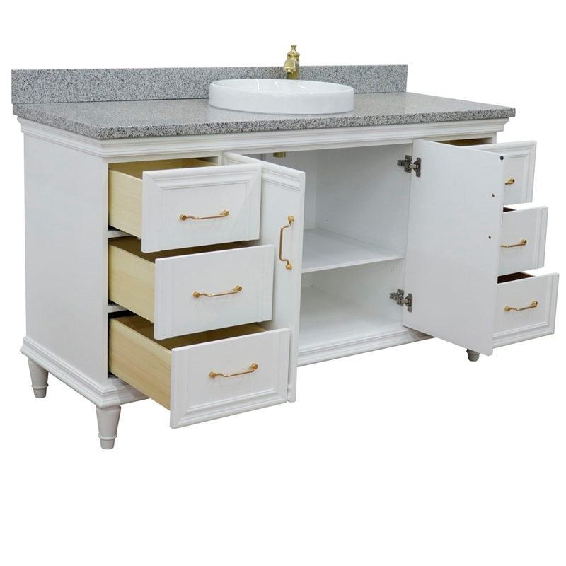 61 in. Single Wooden Vanity  White with Gray Granite Round Sink