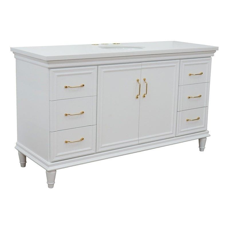 61 in. Single Wooden Vanity  White with White Quartz Oval Sink
