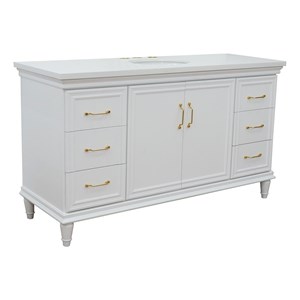61 in. Single Wooden Vanity  White with White Quartz Oval Sink