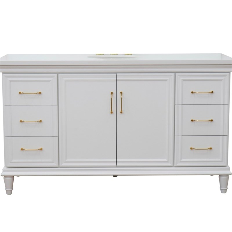 61 in. Single Wooden Vanity  White with White Quartz Oval Sink