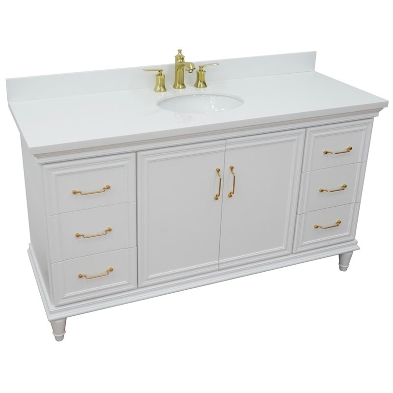61 in. Single Wooden Vanity  White with White Quartz Oval Sink