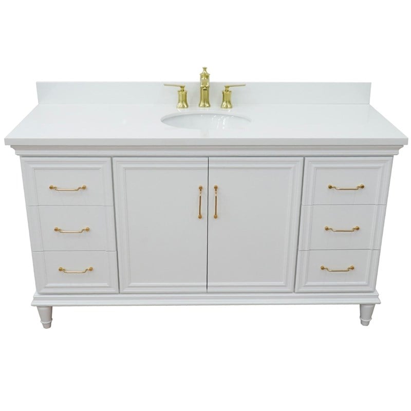 61 in. Single Wooden Vanity  White with White Quartz Oval Sink