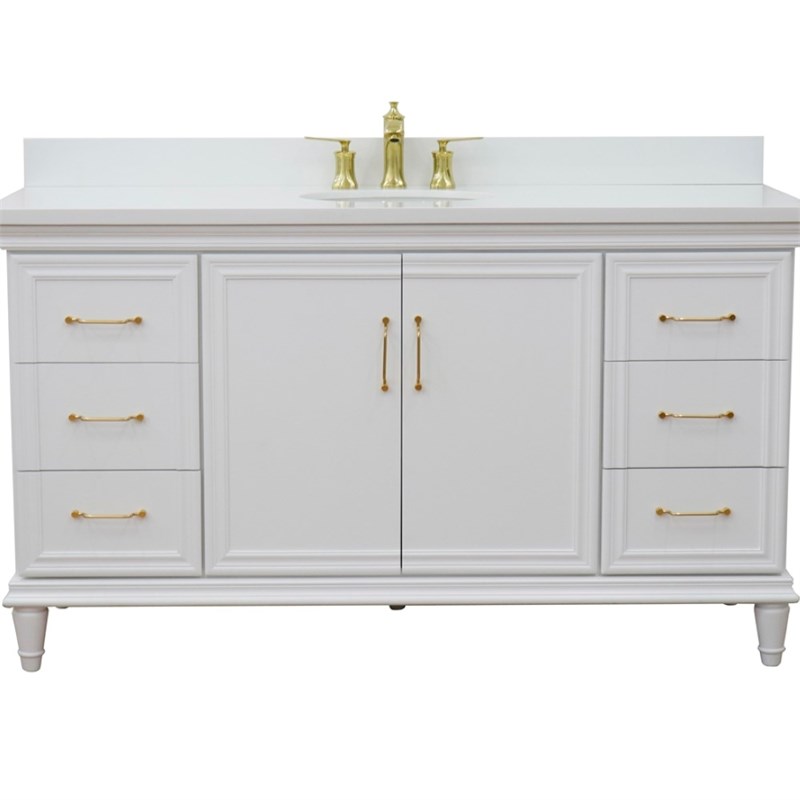 61 in. Single Wooden Vanity  White with White Quartz Oval Sink