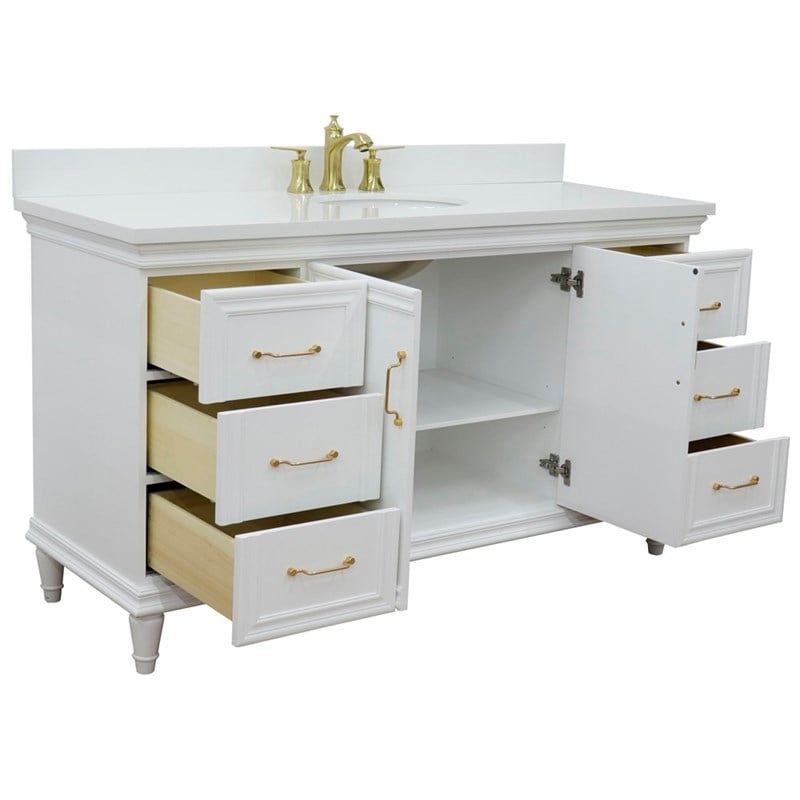 61 in. Single Wooden Vanity  White with White Quartz Oval Sink