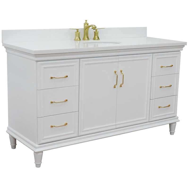 61 in. Single Wooden Vanity  White with White Quartz Oval Sink