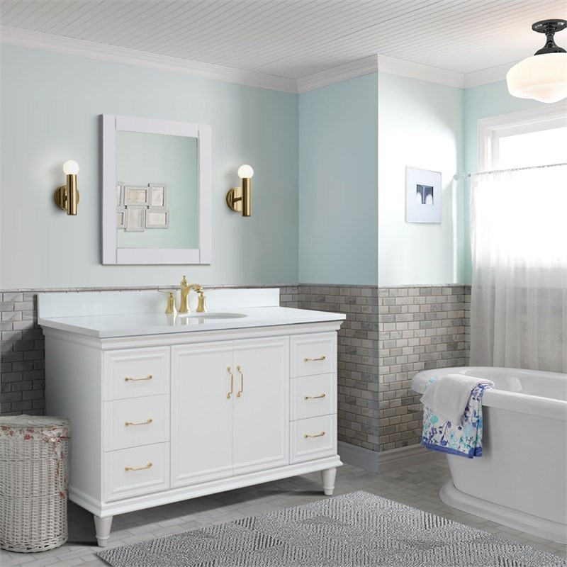 61 in. Single Wooden Vanity  White with White Quartz Oval Sink