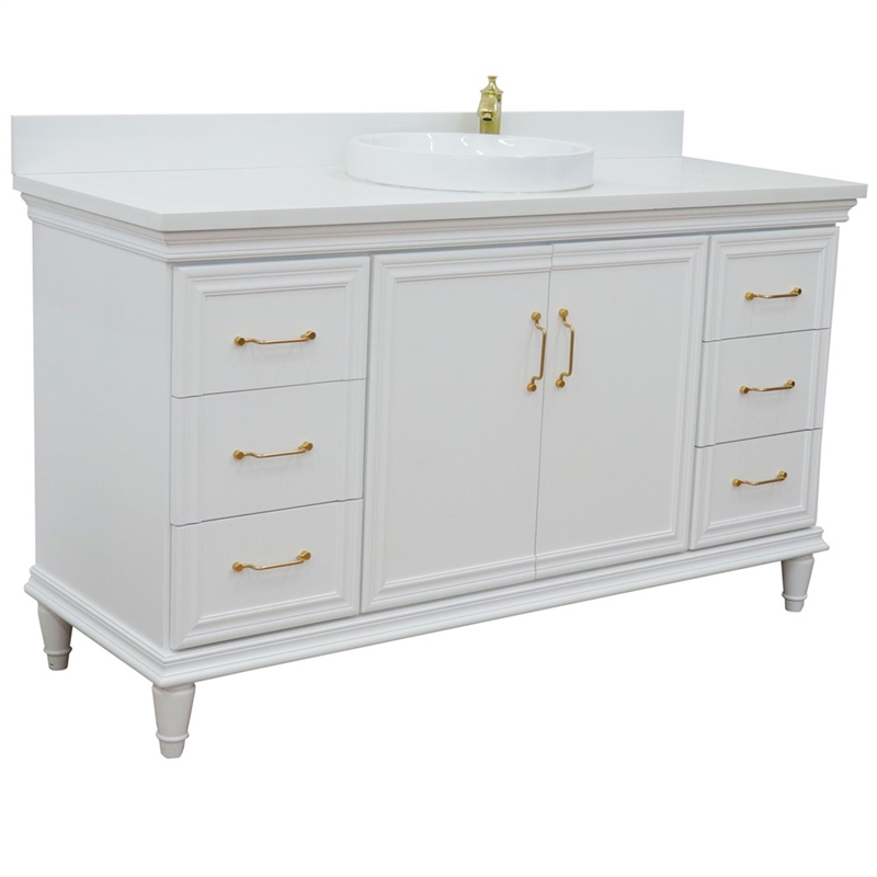61 in. Single Wooden Vanity  White with White Quartz Rectangle Sink