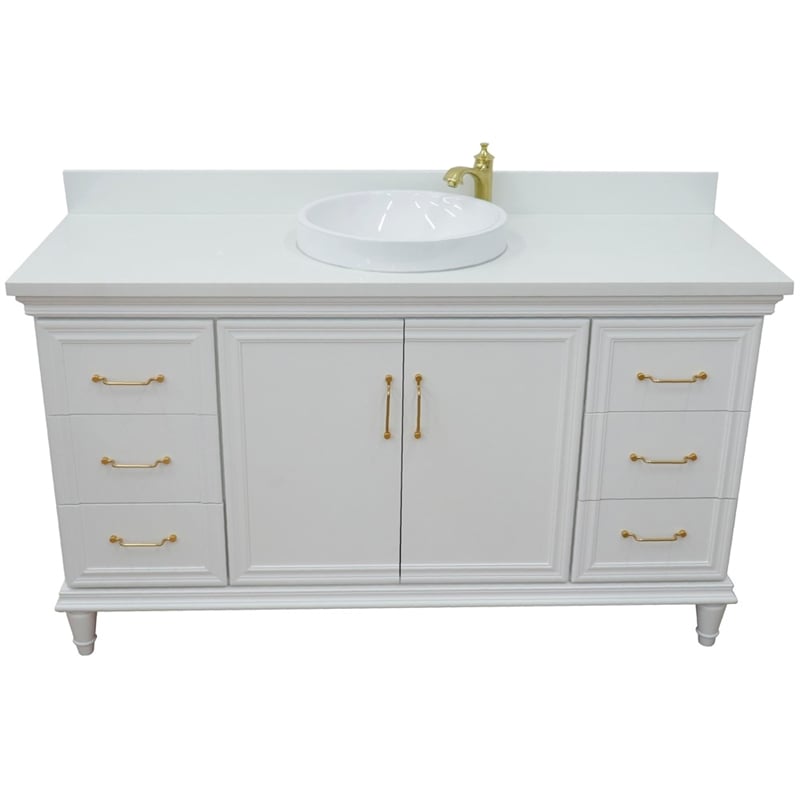 61 in. Single Wooden Vanity  White with White Quartz Rectangle Sink