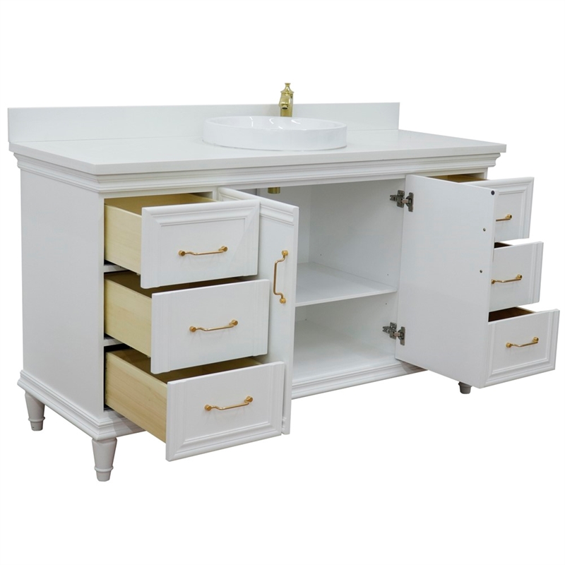 61 in. Single Wooden Vanity  White with White Quartz Rectangle Sink