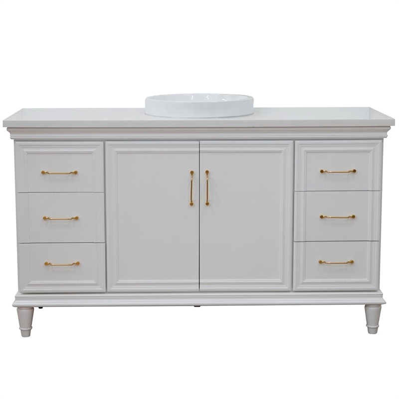 61 in. Single Wooden Vanity  White with White Quartz Round Sink
