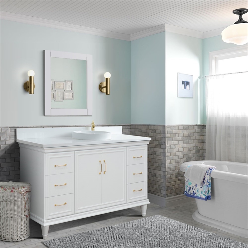 61 in. Single Wooden Vanity  White with White Quartz Round Sink